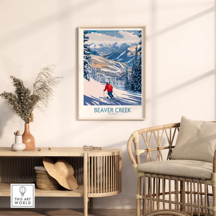 Beaver Creek Ski Slope Art Print showcasing skier amidst snowy mountains, perfect for Colorado skiing decor.