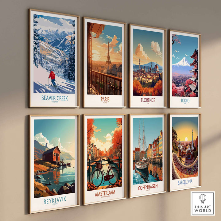 Framed travel art prints featuring Beaver Creek, Paris, Florence, Tokyo, Reykjavik, Amsterdam, Copenhagen, and Barcelona.