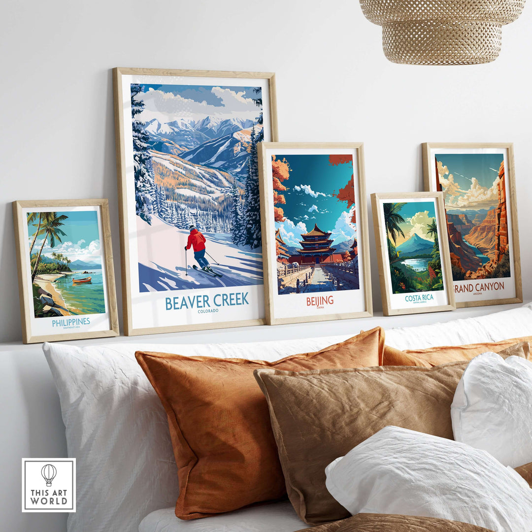 Beaver Creek Colorado Ski Slope Art Print among travel decor framed artworks on a cozy home shelf.