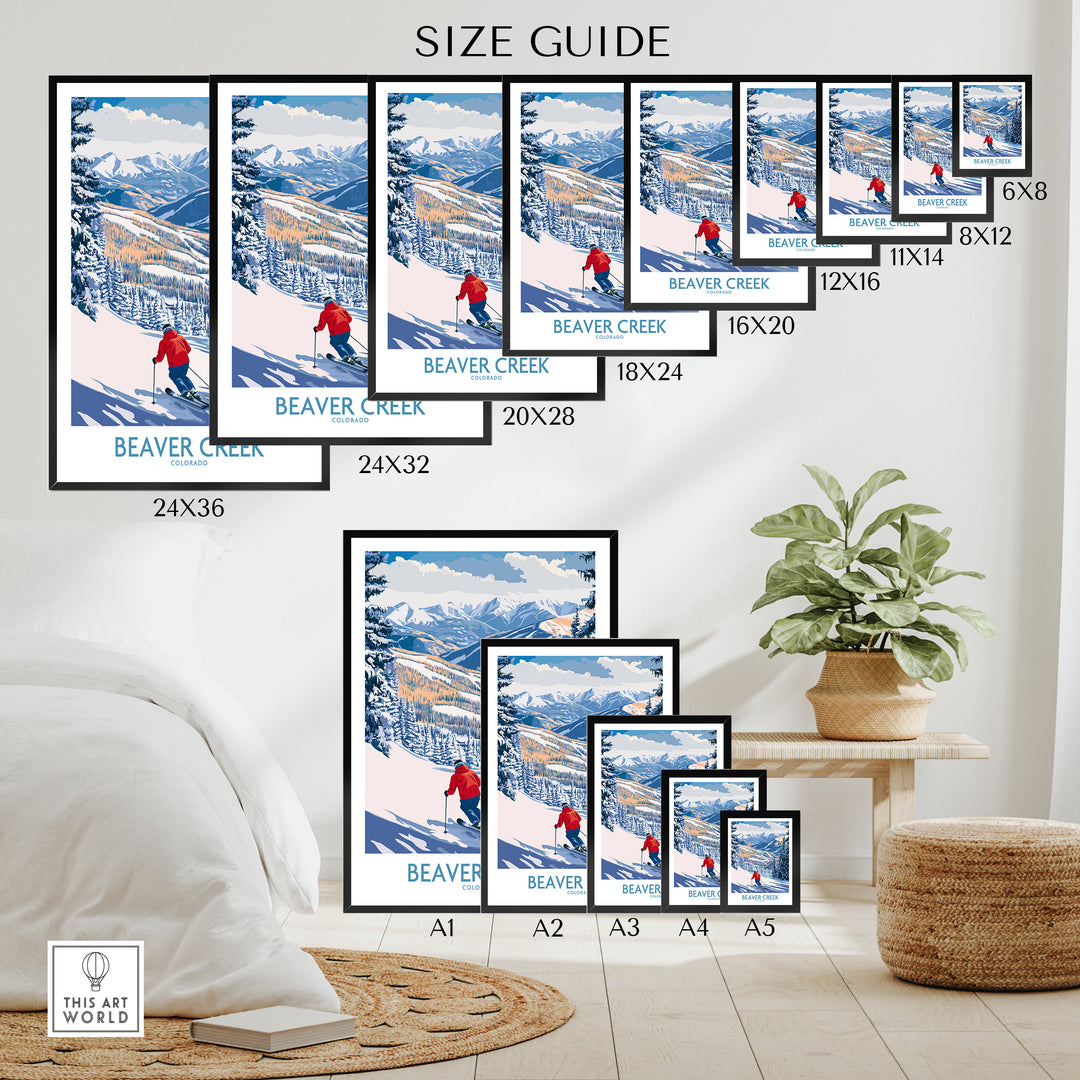 Size guide for Beaver Creek Colorado Ski Slope Art Print showcasing various frame sizes.