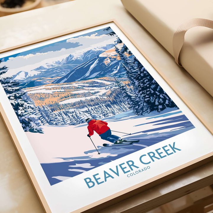 Beaver Creek Colorado ski slope art print featuring skier on snowy mountain landscape.