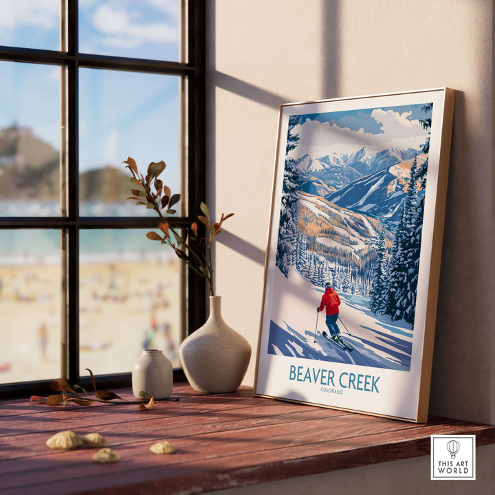Beaver Creek Colorado ski slope art print displayed on a windowsill, capturing winter sports and alpine beauty.
