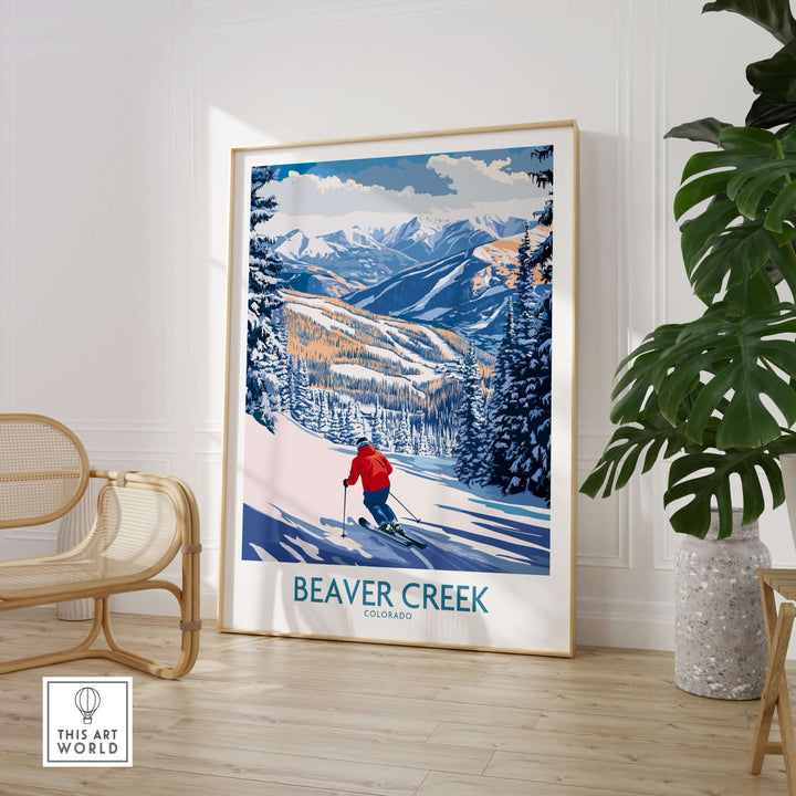 Beaver Creek Colorado ski slope art print showcasing picturesque mountains and skier, perfect for travel decor.