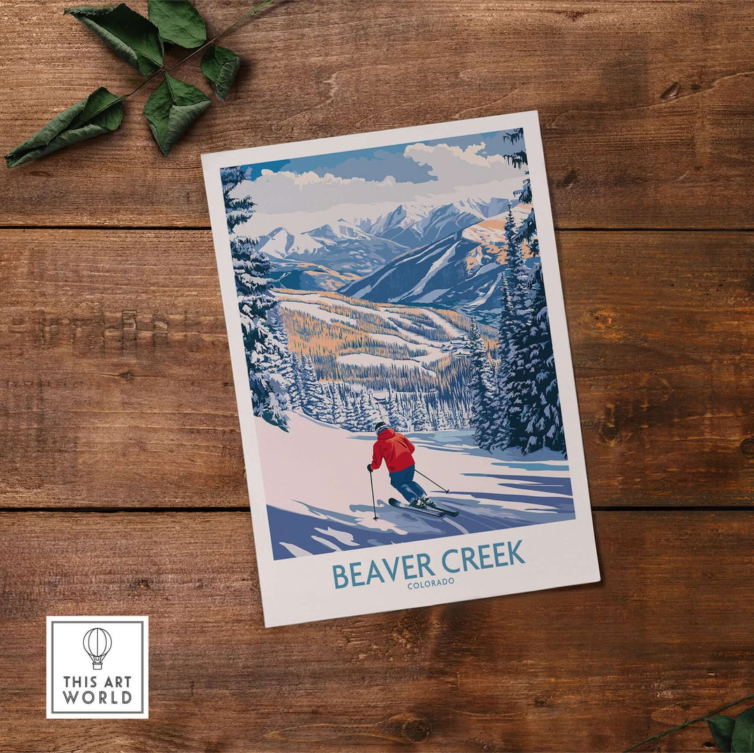 Beaver Creek Colorado ski slope art print showcasing snowy mountains and skier, perfect for winter sports decor.