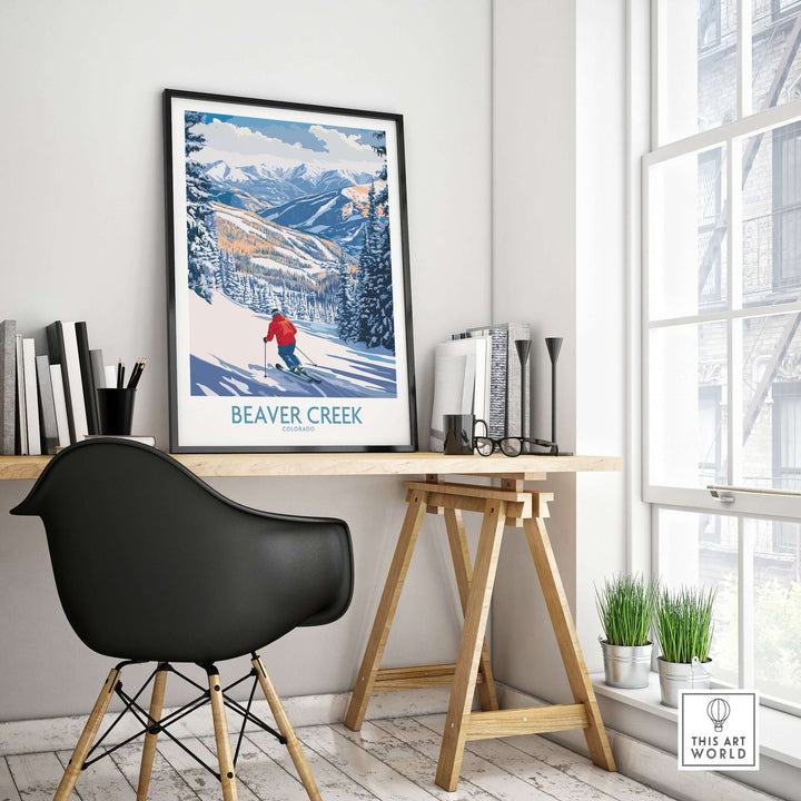 Beaver Creek Colorado ski slope art print showcased in a stylish home office, featuring snowy mountains and skier.