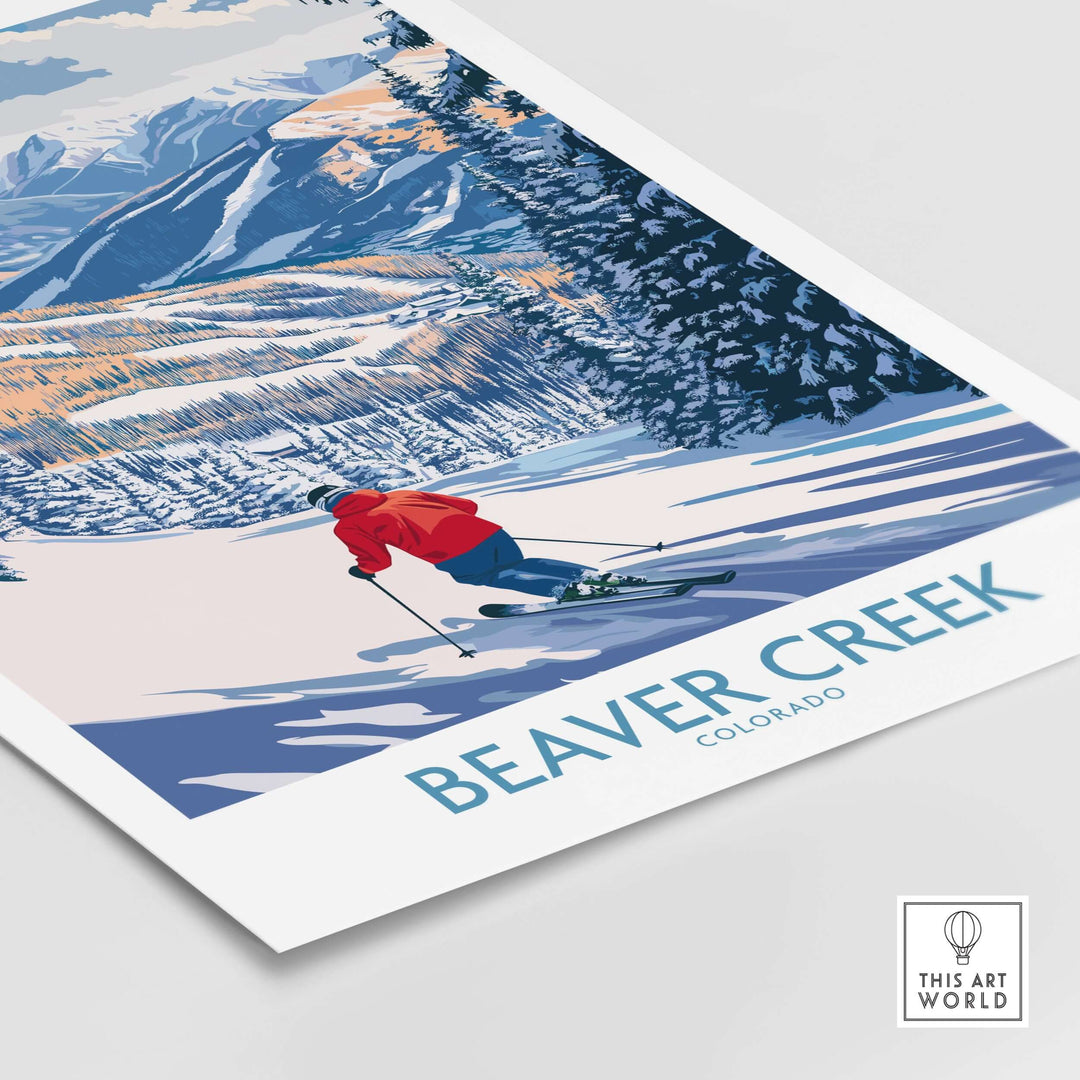 Beaver Creek Colorado ski slope art print featuring a skier on snowy slopes with mountains in the background.