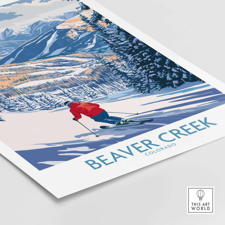 Beaver Creek Colorado ski slope art print featuring a skier on snowy slopes with mountains in the background.
