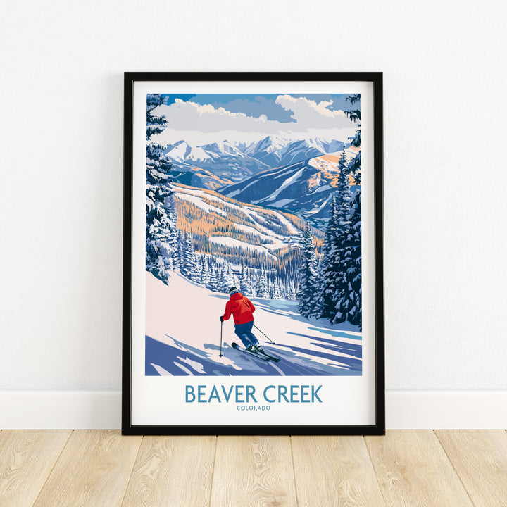 Beaver Creek Colorado ski slope art print showcasing skier on snowy mountain, perfect for travel decor lovers.
