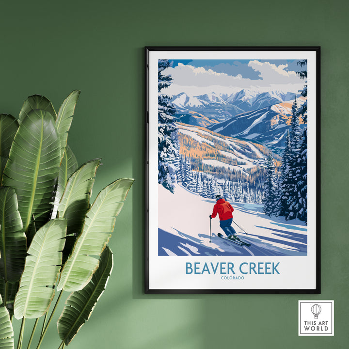 Beaver Creek Colorado ski slope art print featuring a skier on snowy mountains, ideal for winter sports decor.