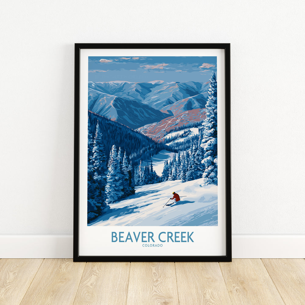 Beaver Creek Colorado ski trail poster featuring snowy mountains and serene winter landscape decor.