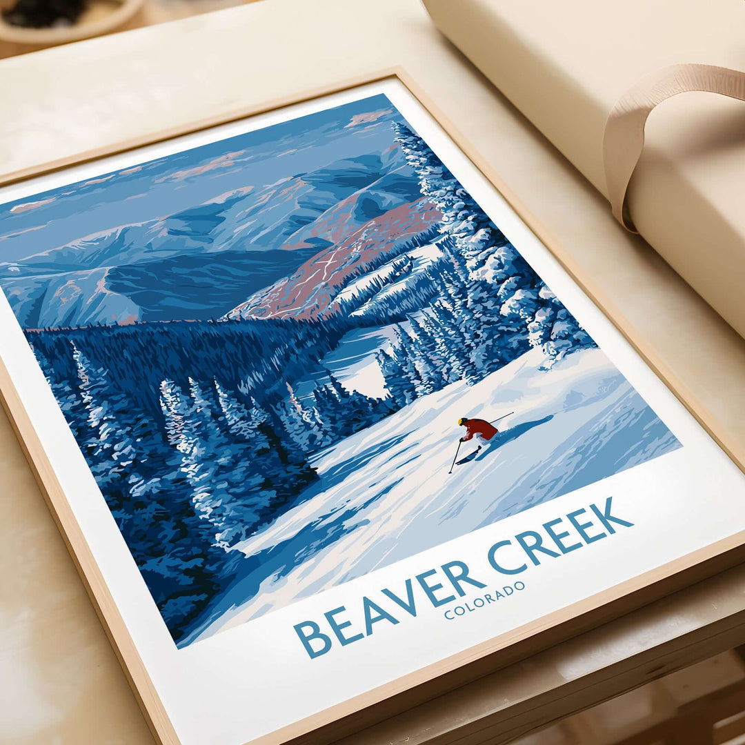 Beaver Creek Colorado ski trail poster featuring snowy mountain landscape and skier, perfect for winter home decor.