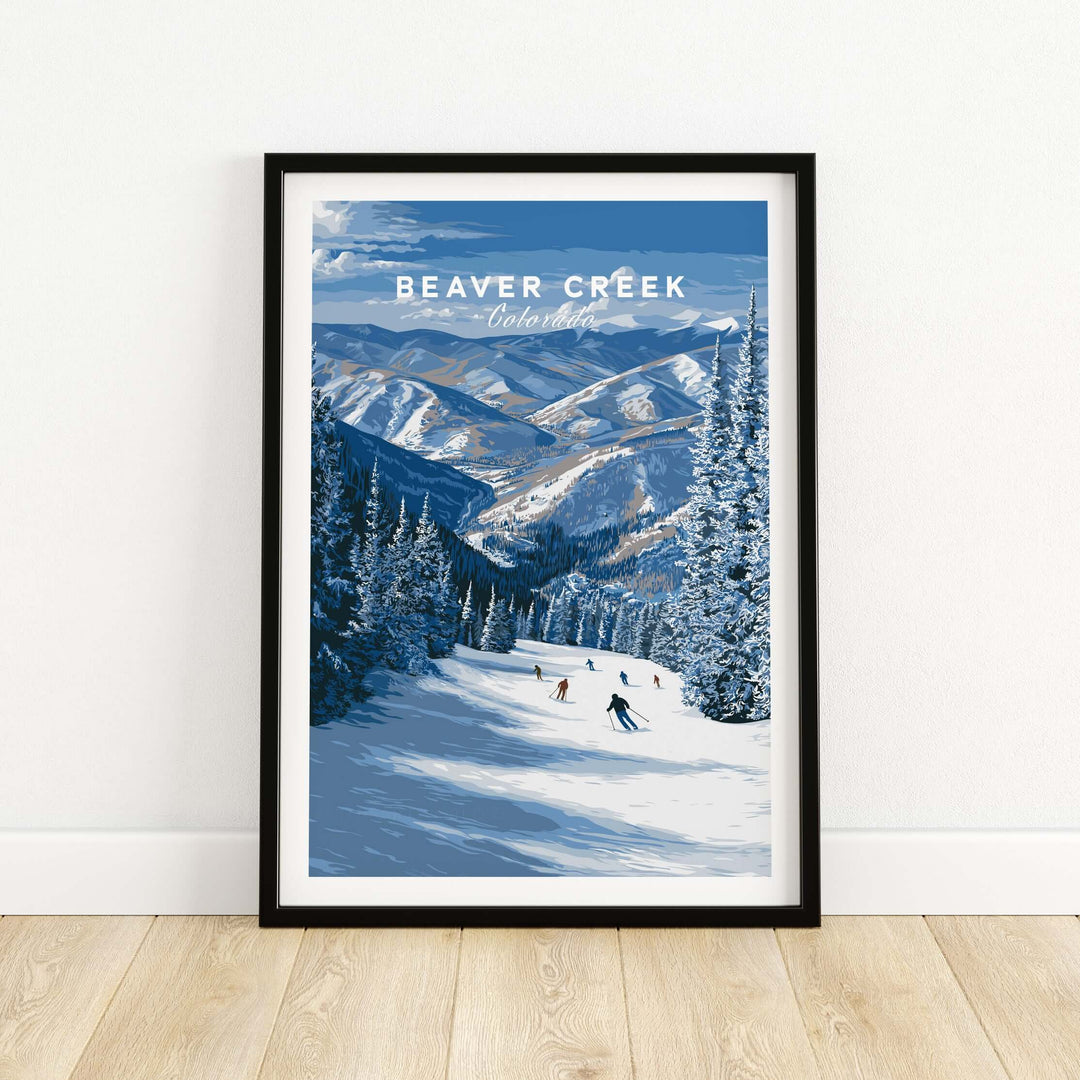 Beaver Creek Colorado scenic ski resort poster featuring skiers on mountain slopes and a beautiful alpine backdrop.
