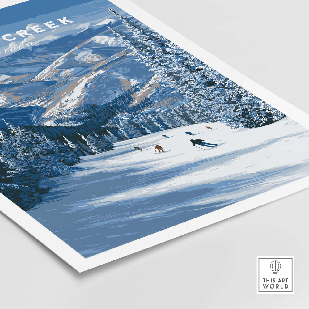 Scenic Beaver Creek Colorado ski resort poster featuring skiers on snowy slopes and stunning mountain views.