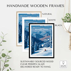 Beaver Creek Colorado Solo Skier Wall Art - Mountain Adventure Print in handmade wooden frames, showcasing natural, white, and black options.