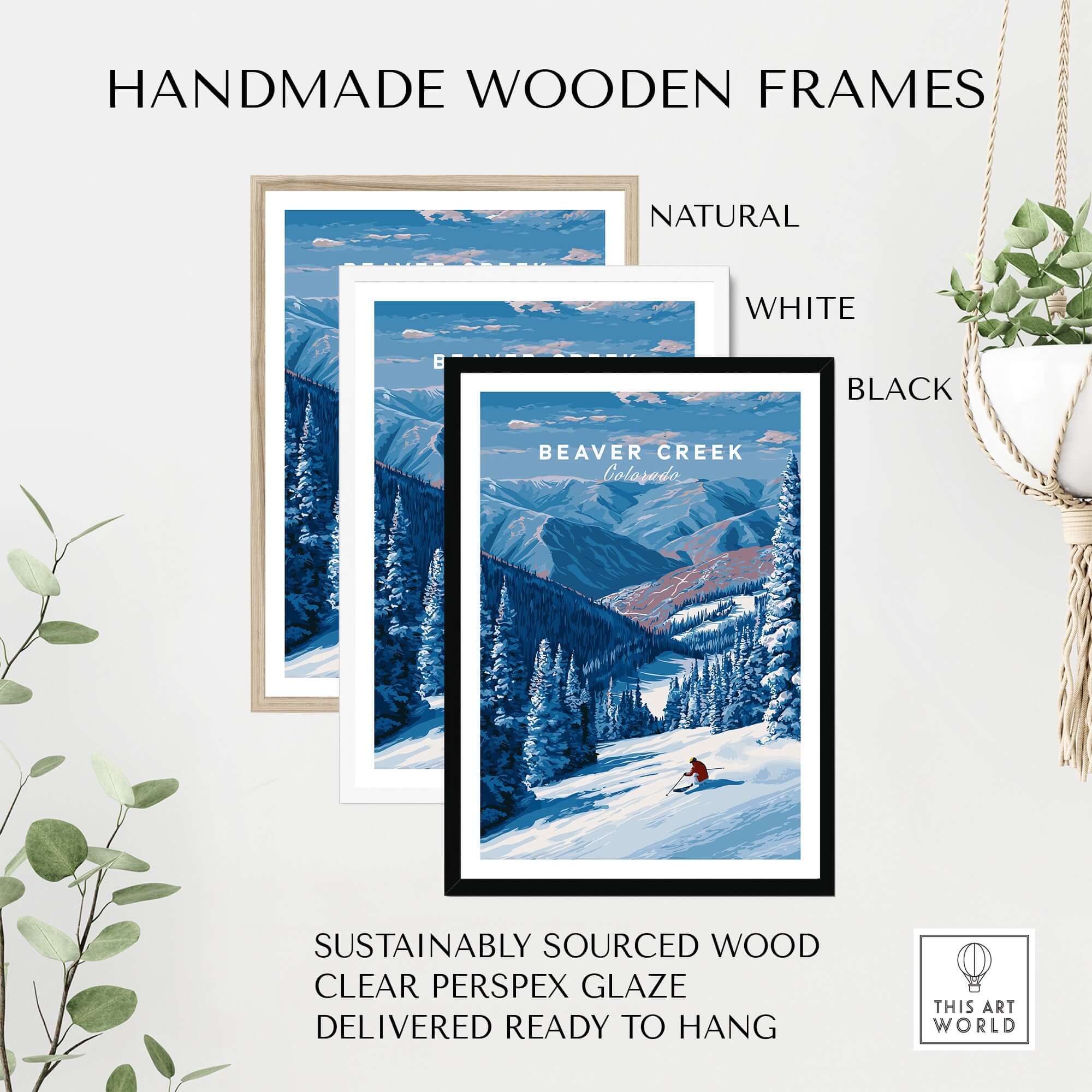 Beaver Creek Colorado Solo Skier Wall Art - Mountain Adventure Print in handmade wooden frames, showcasing natural, white, and black options.