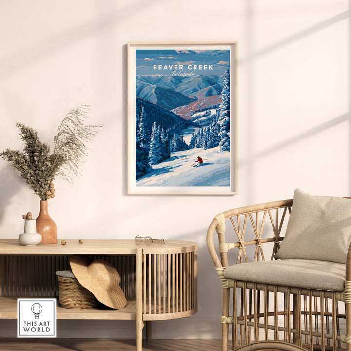 Beaver Creek Colorado solo skier wall art framed print in modern living room setting with natural decor.