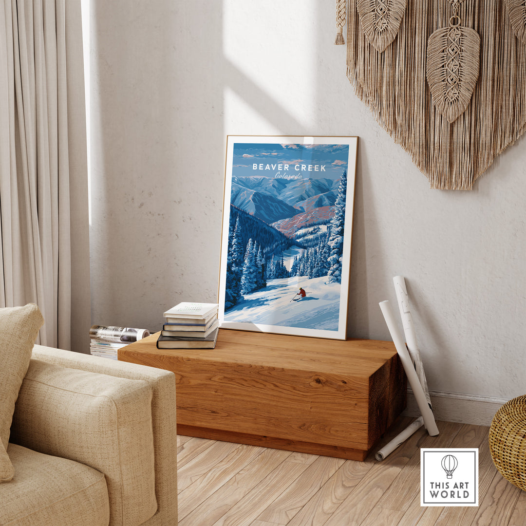 Beaver Creek Colorado solo skier wall art displayed in a cozy interior, capturing mountain adventure spirit.