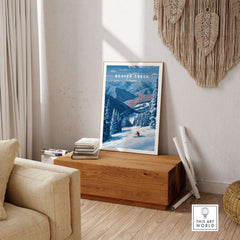 Beaver Creek Colorado Solo Skier Wall Art - Mountain Adventure Print displayed in a cozy living room setting.