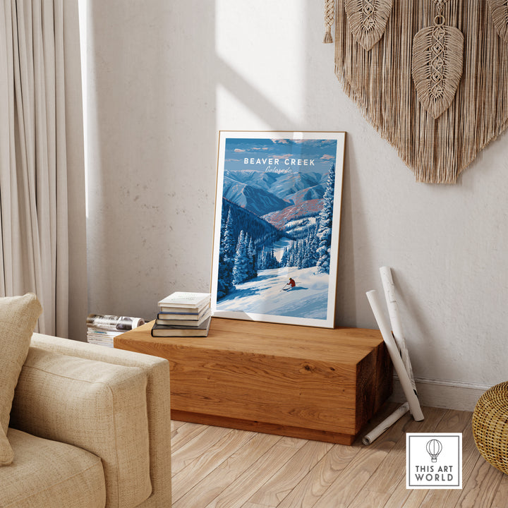 Beaver Creek Colorado solo skier wall art displayed in a cozy interior, capturing mountain adventure spirit.