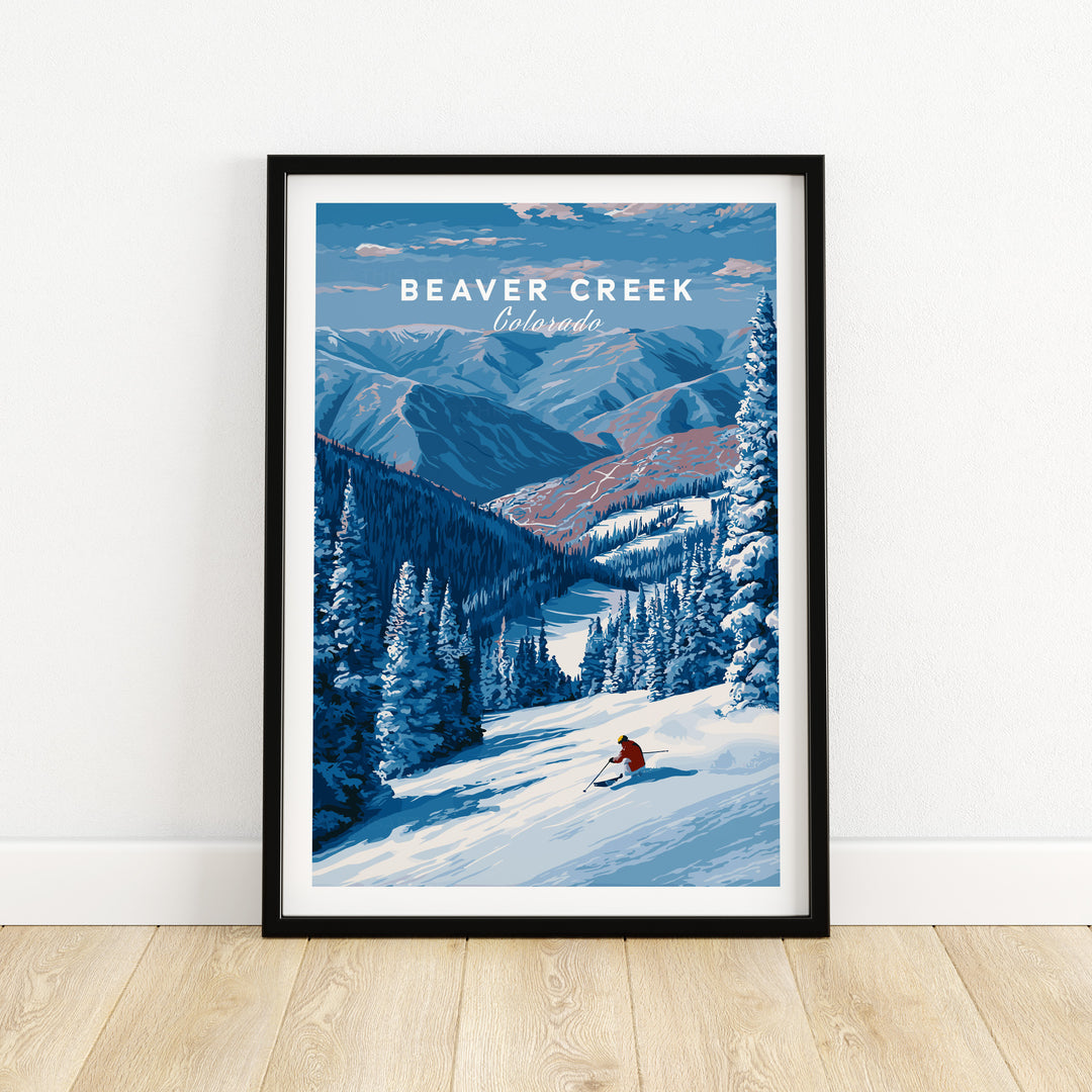 Beaver Creek Colorado solo skier wall art print featuring a skier in snow-capped mountains, perfect for adventure lovers.