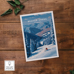 Beaver Creek Colorado Solo Skier Wall Art - Mountain Adventure Print on a rustic wooden background.