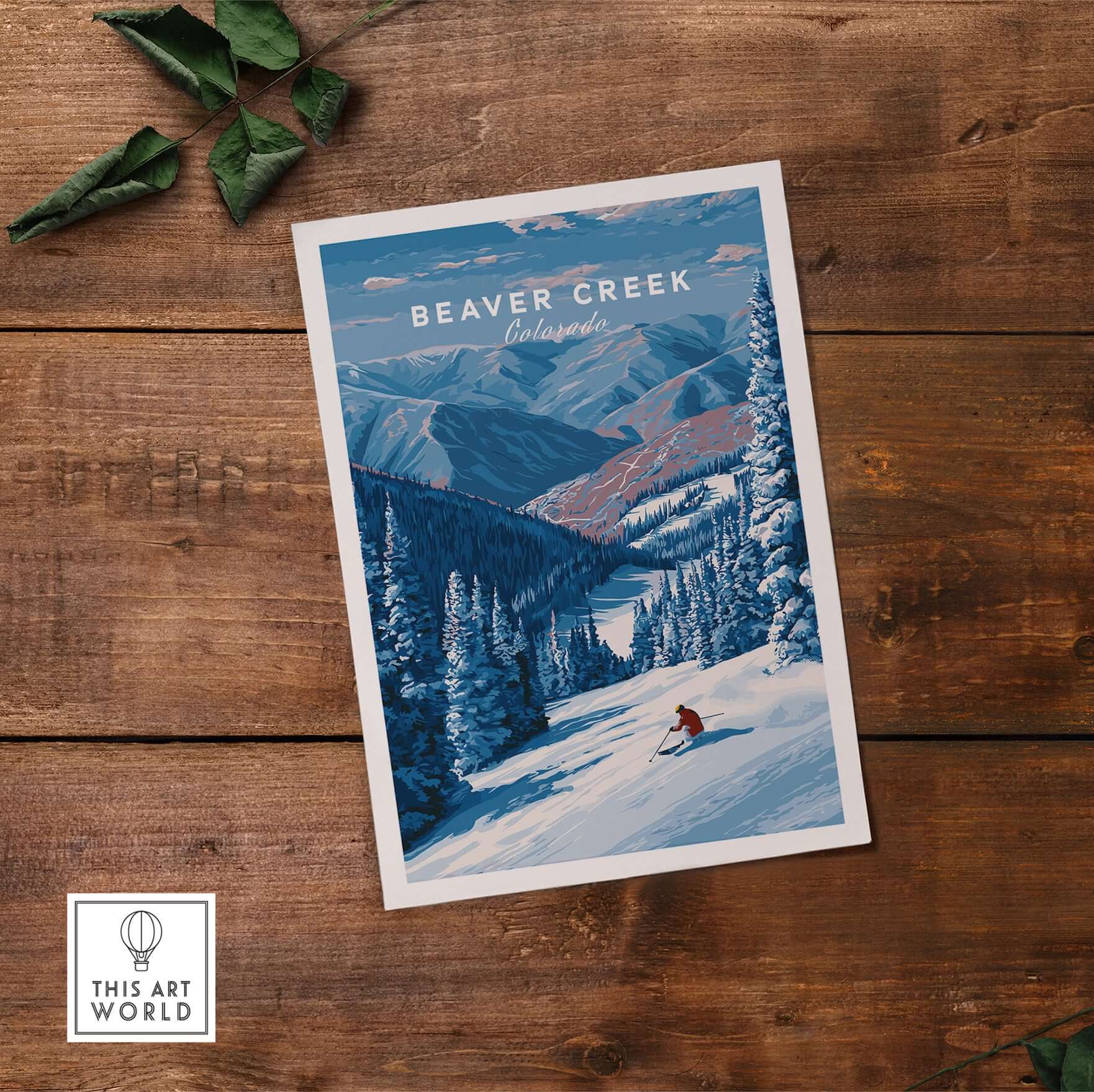 Beaver Creek Colorado Solo Skier Wall Art - Mountain Adventure Print on a rustic wooden background.
