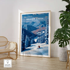 Beaver Creek Colorado Solo Skier Wall Art - Mountain Adventure Print displayed in a stylish room with a plant.