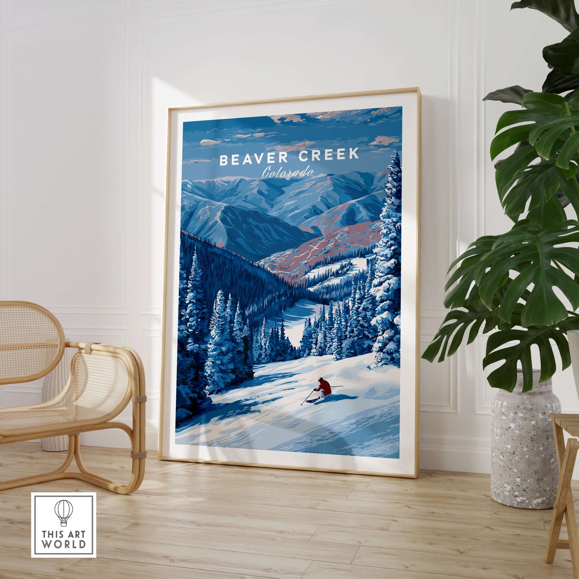 Beaver Creek Colorado Solo Skier Wall Art - Mountain Adventure Print displayed in a stylish room with a plant.