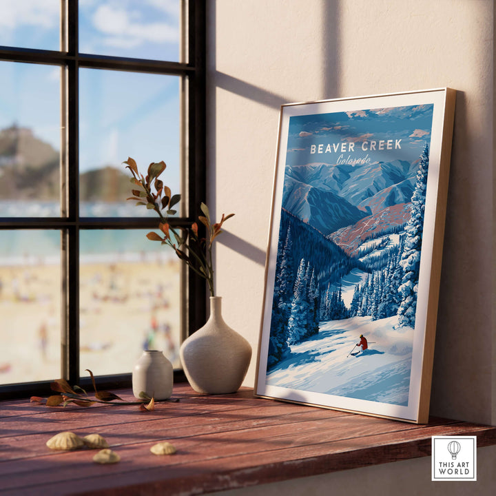 Beaver Creek Colorado solo skier wall art print showcased in a cozy setting with mountain scenery.