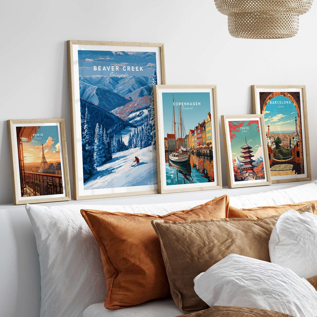 Gallery wall featuring Beaver Creek Colorado skier art and cityscape prints, adding adventure to home decor.