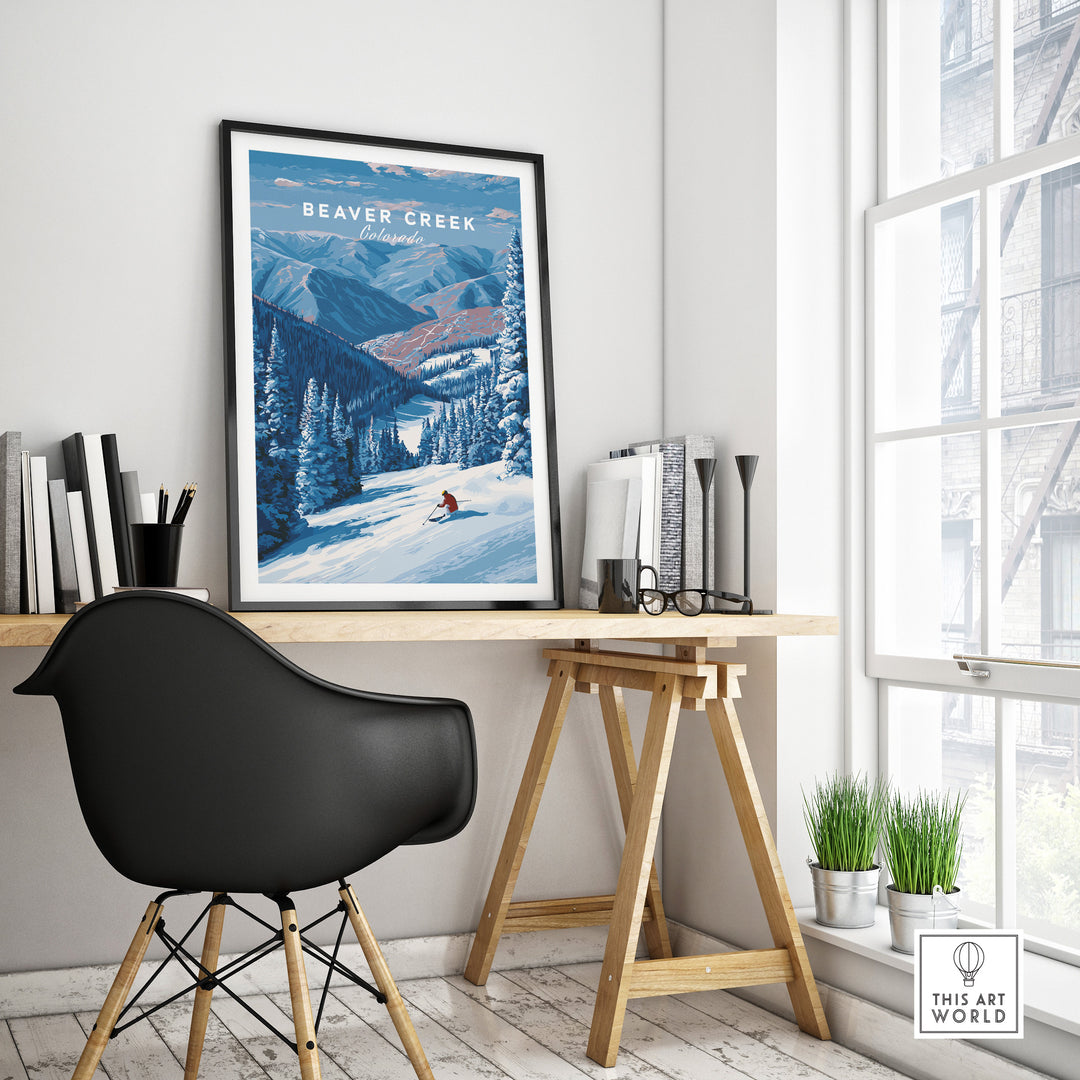 Beaver Creek Colorado solo skier wall art in a stylish home office setting, showcasing alpine adventure and mountain beauty.