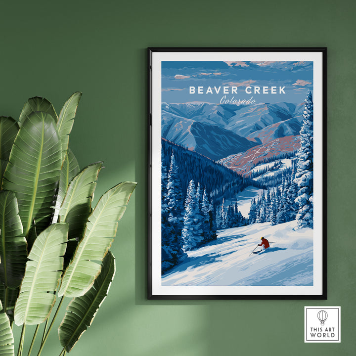 Beaver Creek Colorado solo skier wall art print on green wall, showcasing winter landscape and mountain adventure.