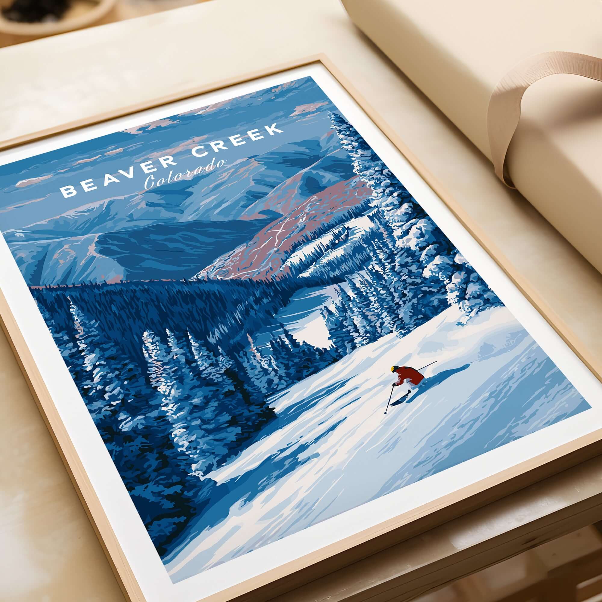 Beaver Creek Colorado Solo Skier Wall Art - Mountain Adventure Print showcasing a skier in a snowy mountain landscape.