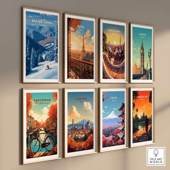 Gallery wall of travel and adventure prints including Beaver Creek, Paris, Barcelona, and more.