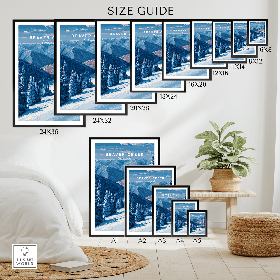 Size guide display for Beaver Creek Colorado solo skier wall art prints in various dimensions.