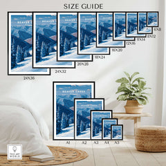 Size guide for Beaver Creek Colorado Solo Skier Wall Art - Mountain Adventure Print with various frame sizes.