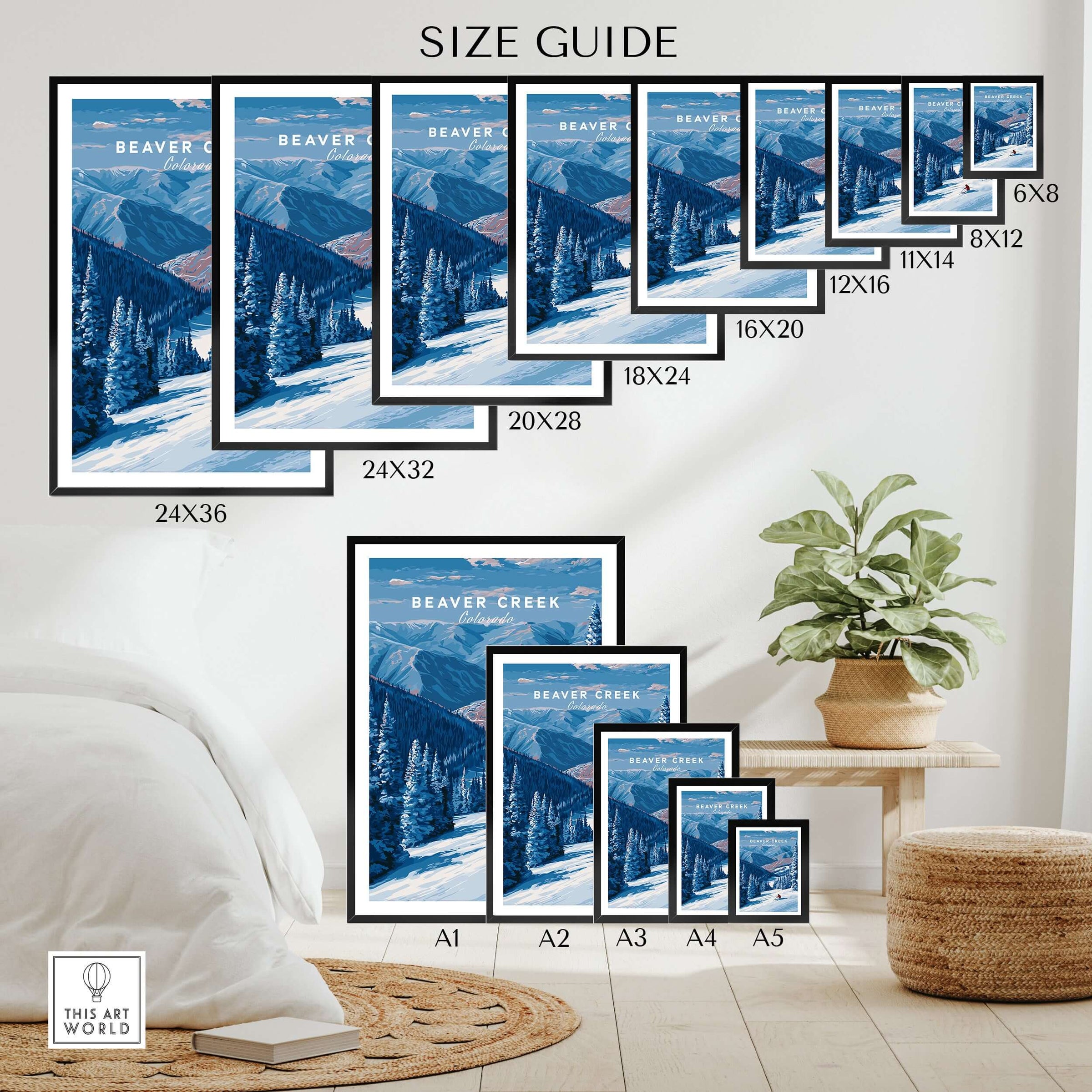 Size guide for Beaver Creek Colorado Solo Skier Wall Art - Mountain Adventure Print with various frame sizes.