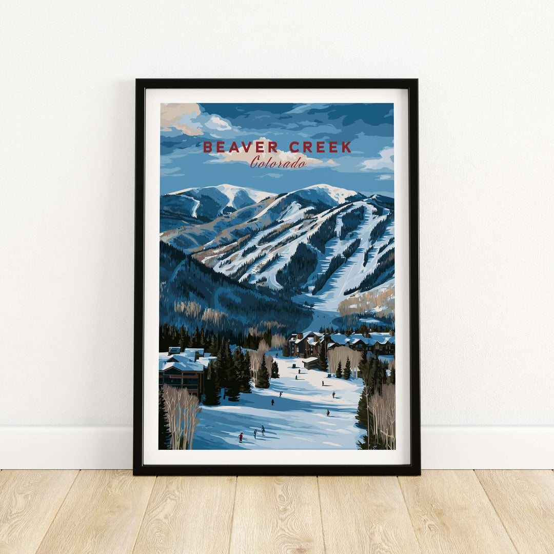 Panoramic print of Beaver Creek Colorado ski resort with snow-covered mountains and skiers, perfect for winter decor.