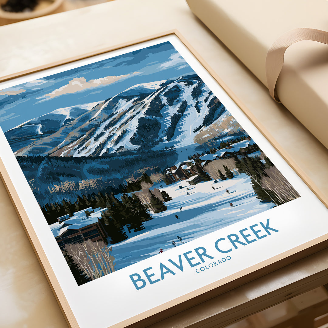 Beaver Creek Colorado winter landscape poster featuring a ski town and snow-covered mountains.
