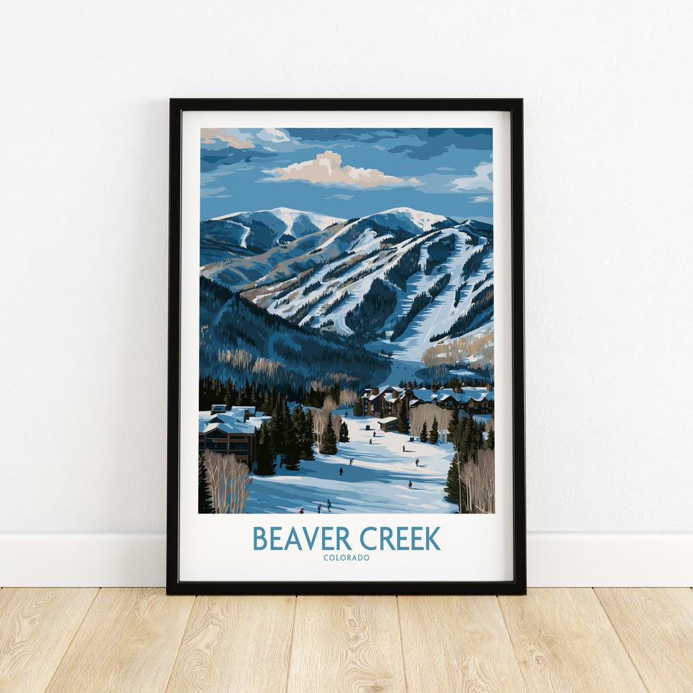 Framed poster of Beaver Creek Colorado winter landscape showcasing ski town and snow-covered mountains.