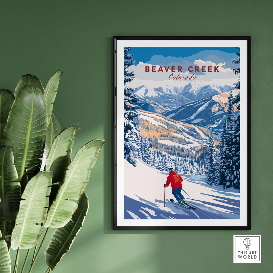 Beaver Creek Colorado downhill skier poster framed on wall, showcasing winter sports and alpine scenery.