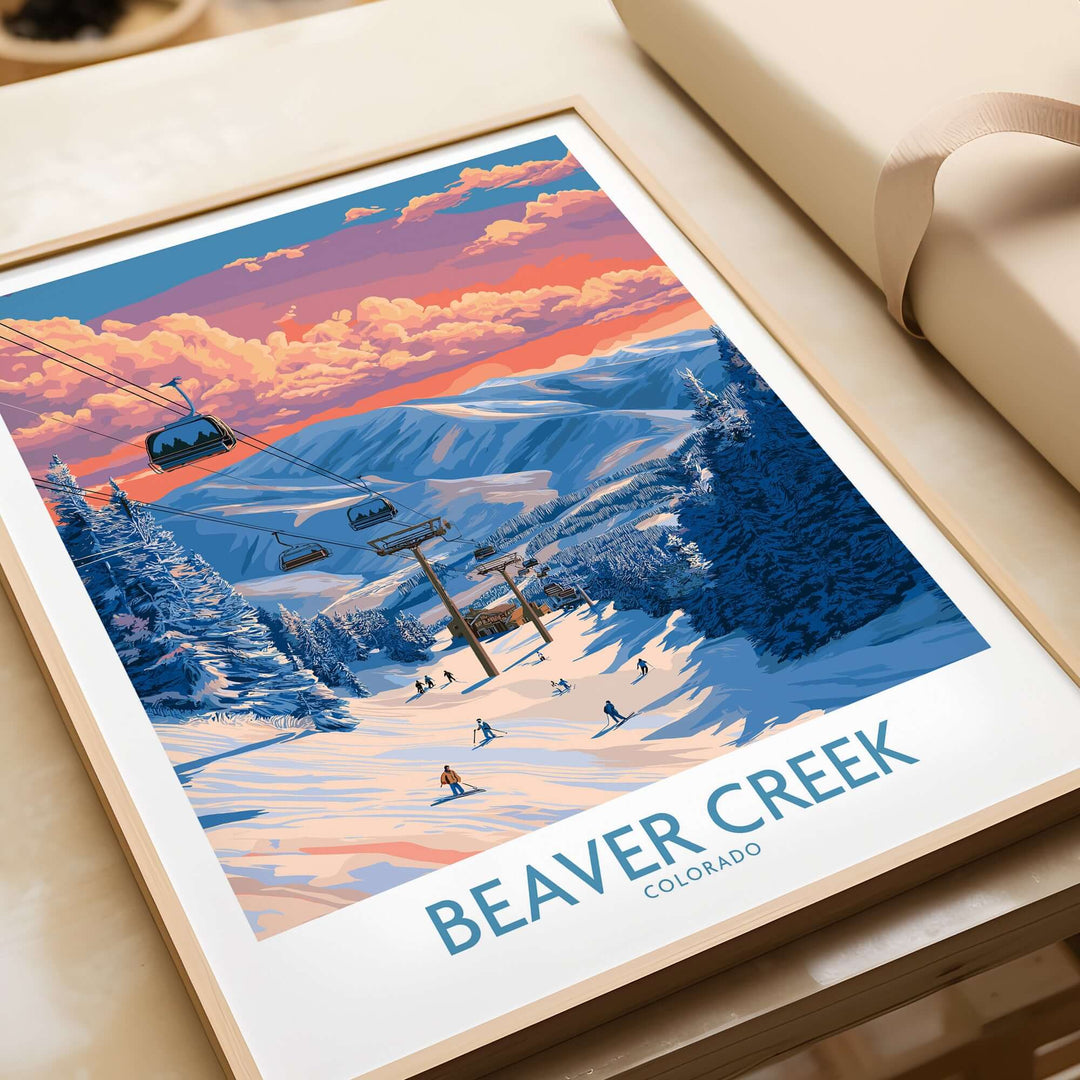 Beaver Creek Colorado chairlift scene poster with vibrant winter sunset ski print decor.
