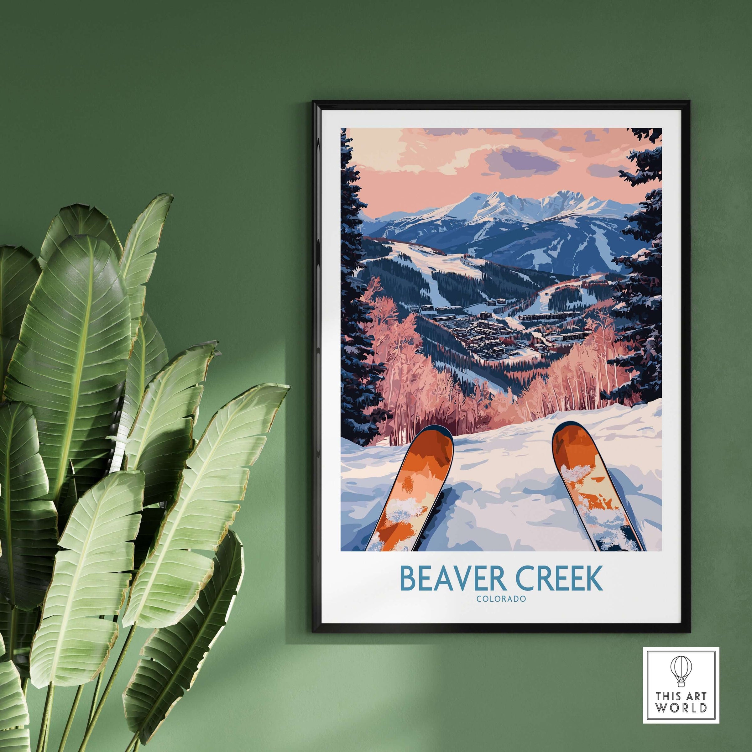 Beaver Creek Colorado Winter Sunset Ski Print - Colorado Travel Decor showcasing vibrant sunset over ski slopes.