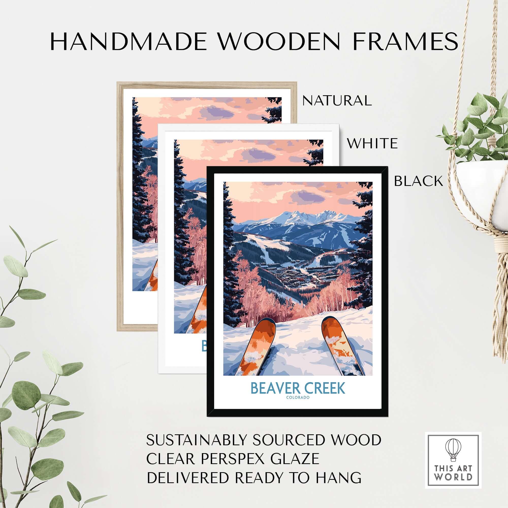 Beaver Creek Colorado Winter Sunset Ski Print - Colorado Travel Decor framed in natural, white, and black handmade frames.