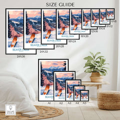 Beaver Creek Colorado Winter Sunset Ski Print - Colorado Travel Decor size guide showcasing various print dimensions.