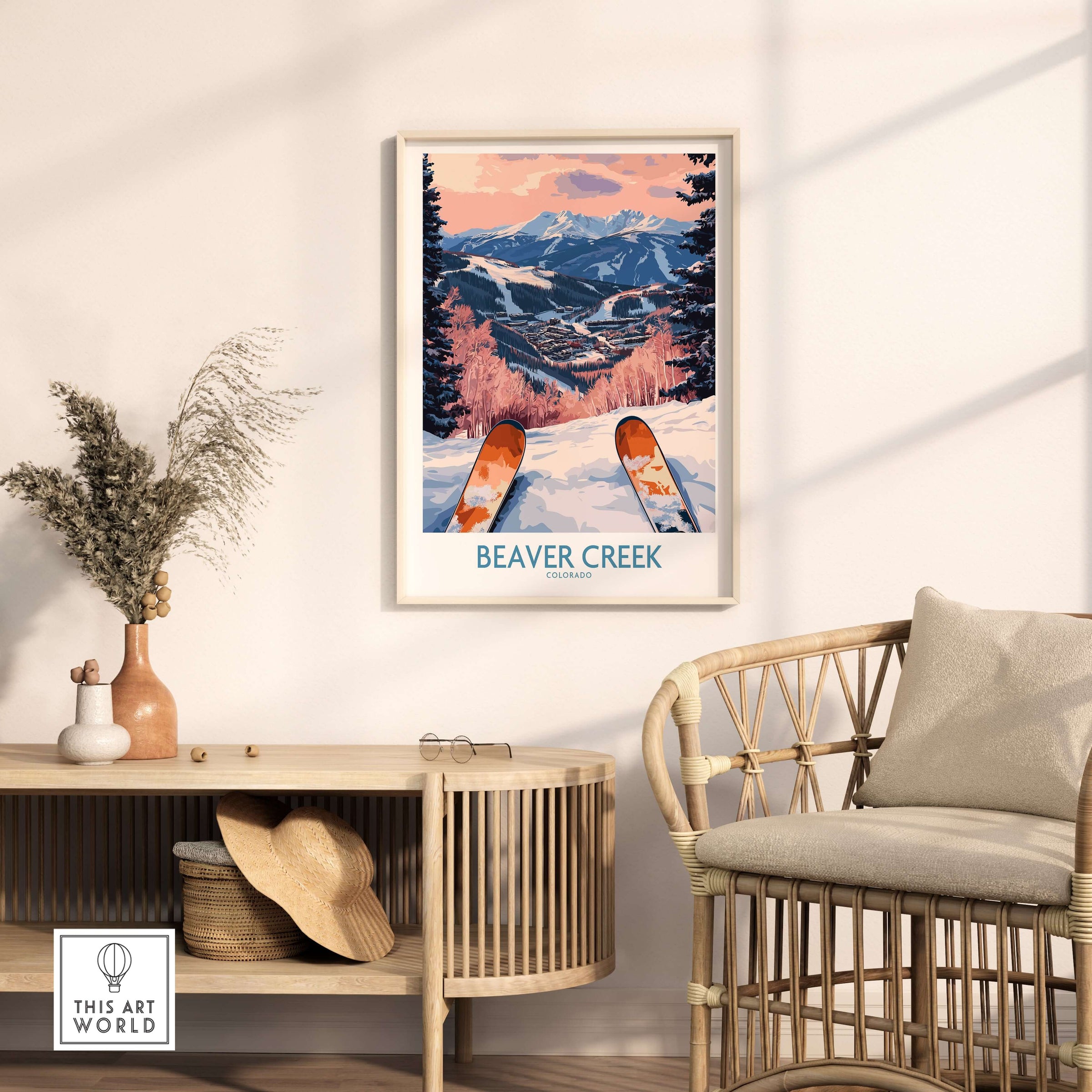 Beaver Creek Colorado Winter Sunset Ski Print - Colorado Travel Decor showcased in a cozy living room.