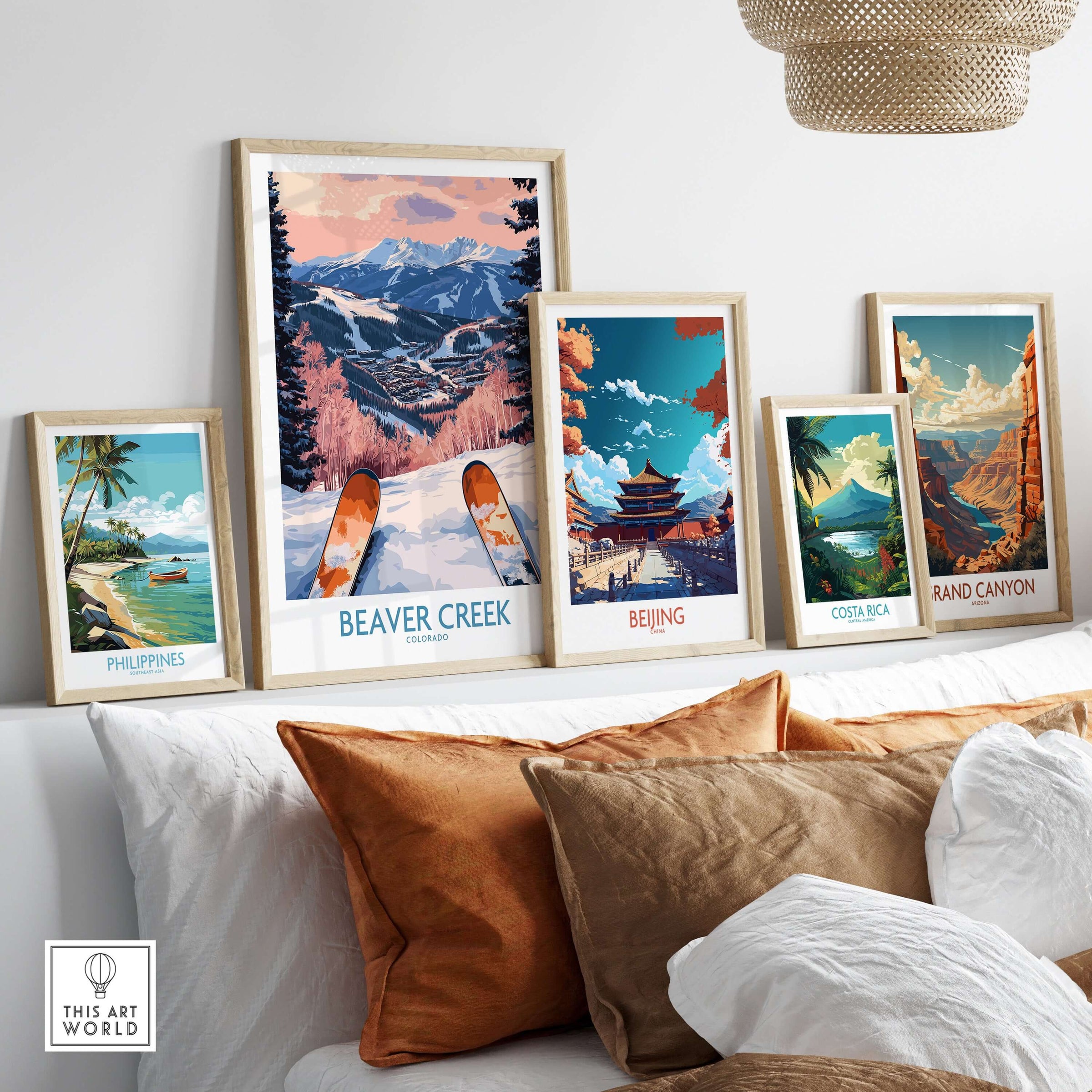 Beaver Creek Colorado Winter Sunset Ski Print - Colorado Travel Decor displayed among framed travel artworks on a shelf.