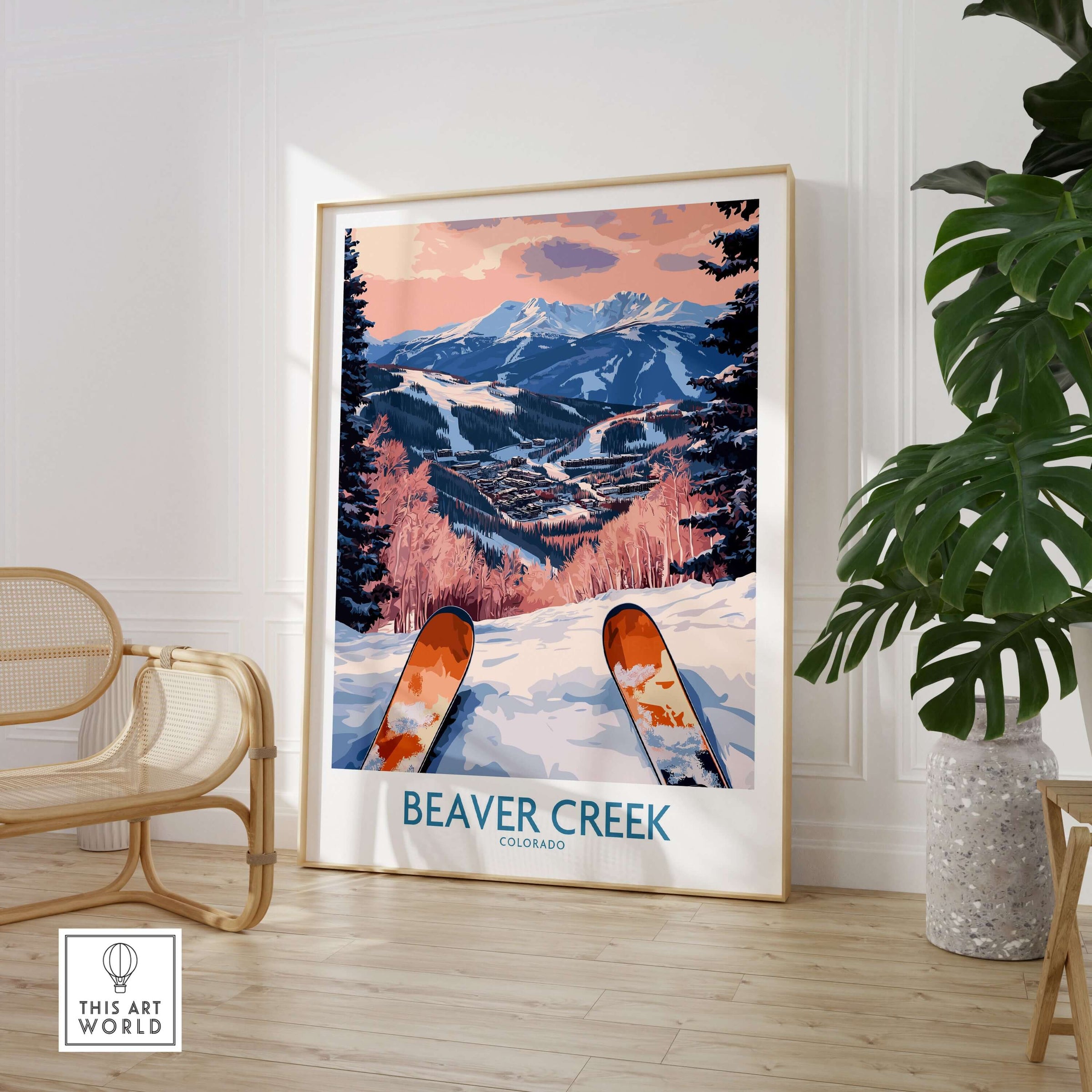 Beaver Creek Colorado Winter Sunset Ski Print - Colorado Travel Decor showcasing vibrant winter colors and snow-covered slopes.
