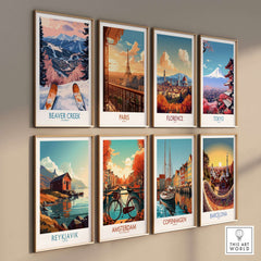 Beaver Creek Colorado Winter Sunset Ski Print - Colorado Travel Decor displayed among framed travel art.