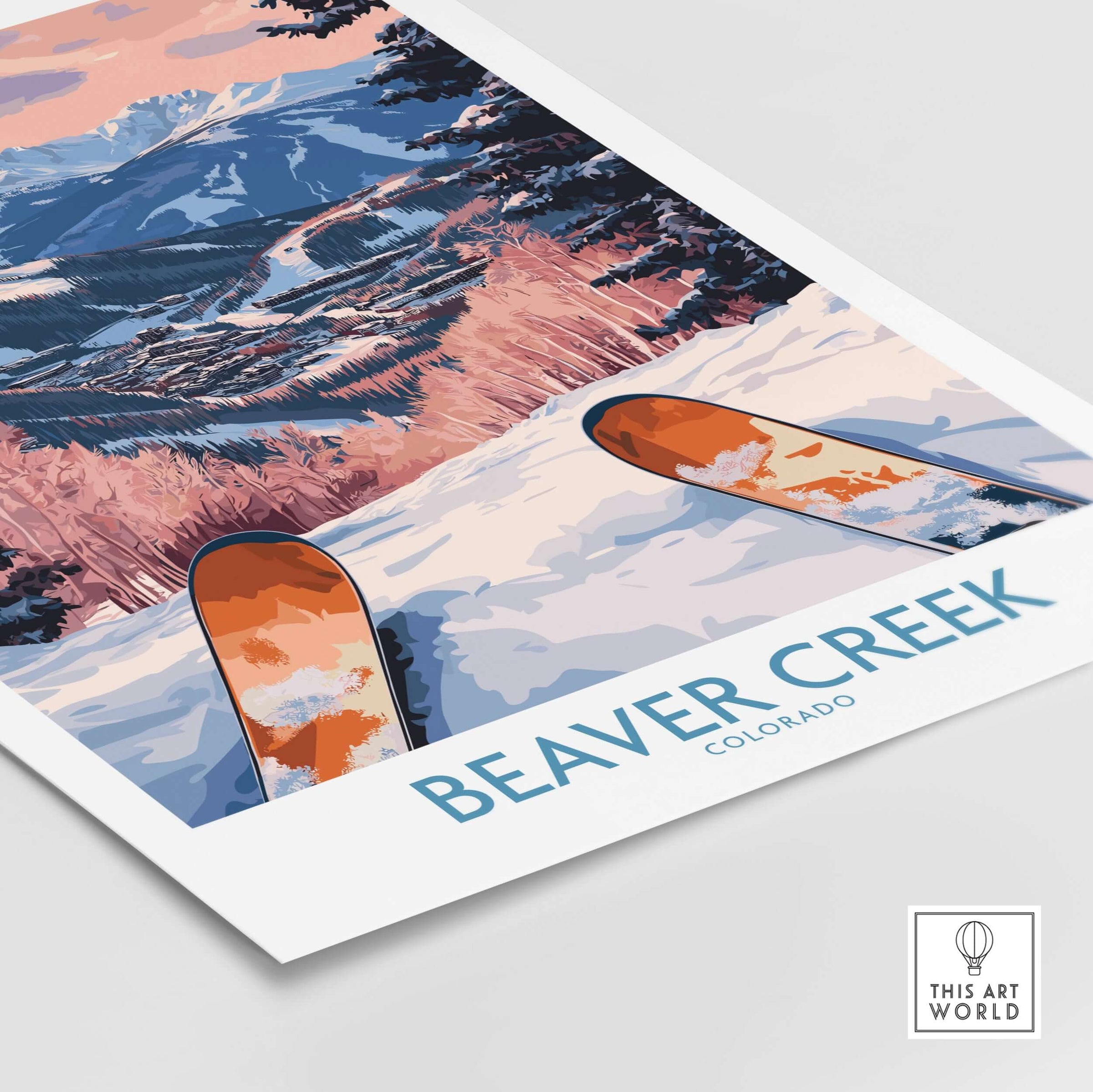 Beaver Creek Colorado Winter Sunset Ski Print - Colorado Travel Decor showcasing vibrant colors over snow-covered slopes.